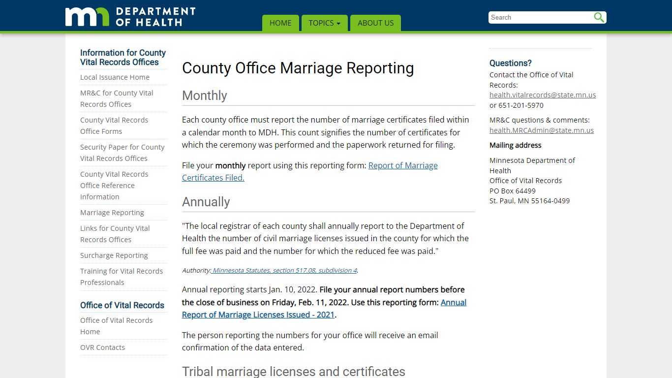 County Office Marriage Reporting - Minnesota Dept. of Health